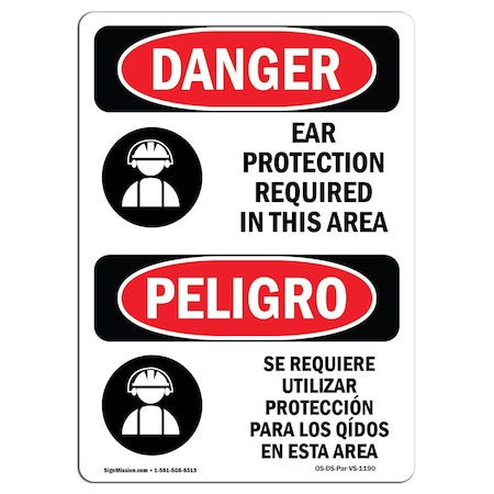 Signmission OSHA Sign, Ear Protection Required Bilingual, 14in X 10in Rigid Plastic, 10" W, 14" H, Spanish OS-DS-P-1014-VS-1190